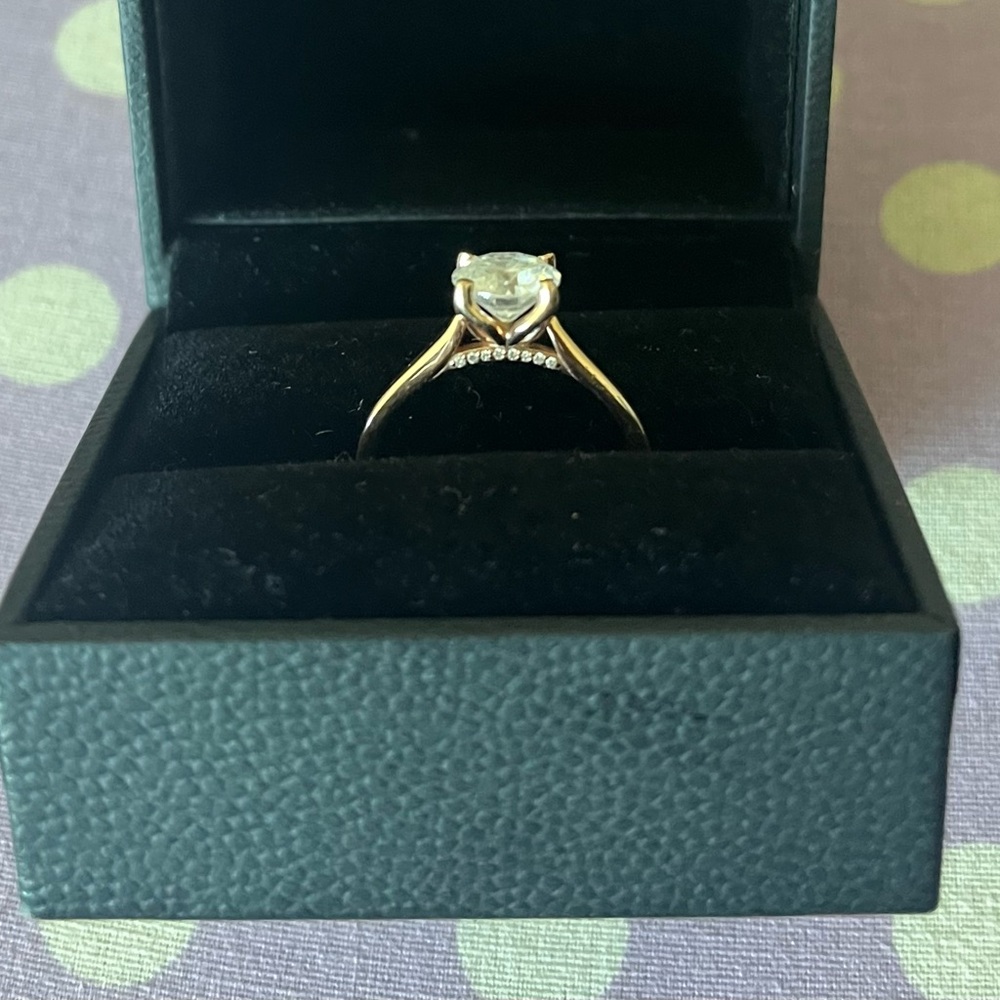 7.5mm moissanite and 14k rose gold solitaire - size 8.5